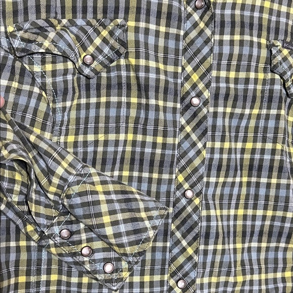 Columbia Women’s Flannel Top 2X Gray Yellow Pearl Snap Long Sleeve Shirt Pocket - Picture 3 of 9